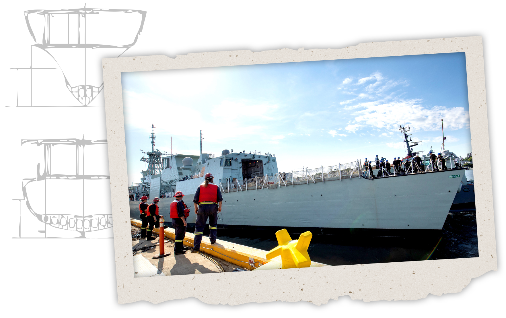 A photo of shipyard workers on a pier looking at a departing military vessel